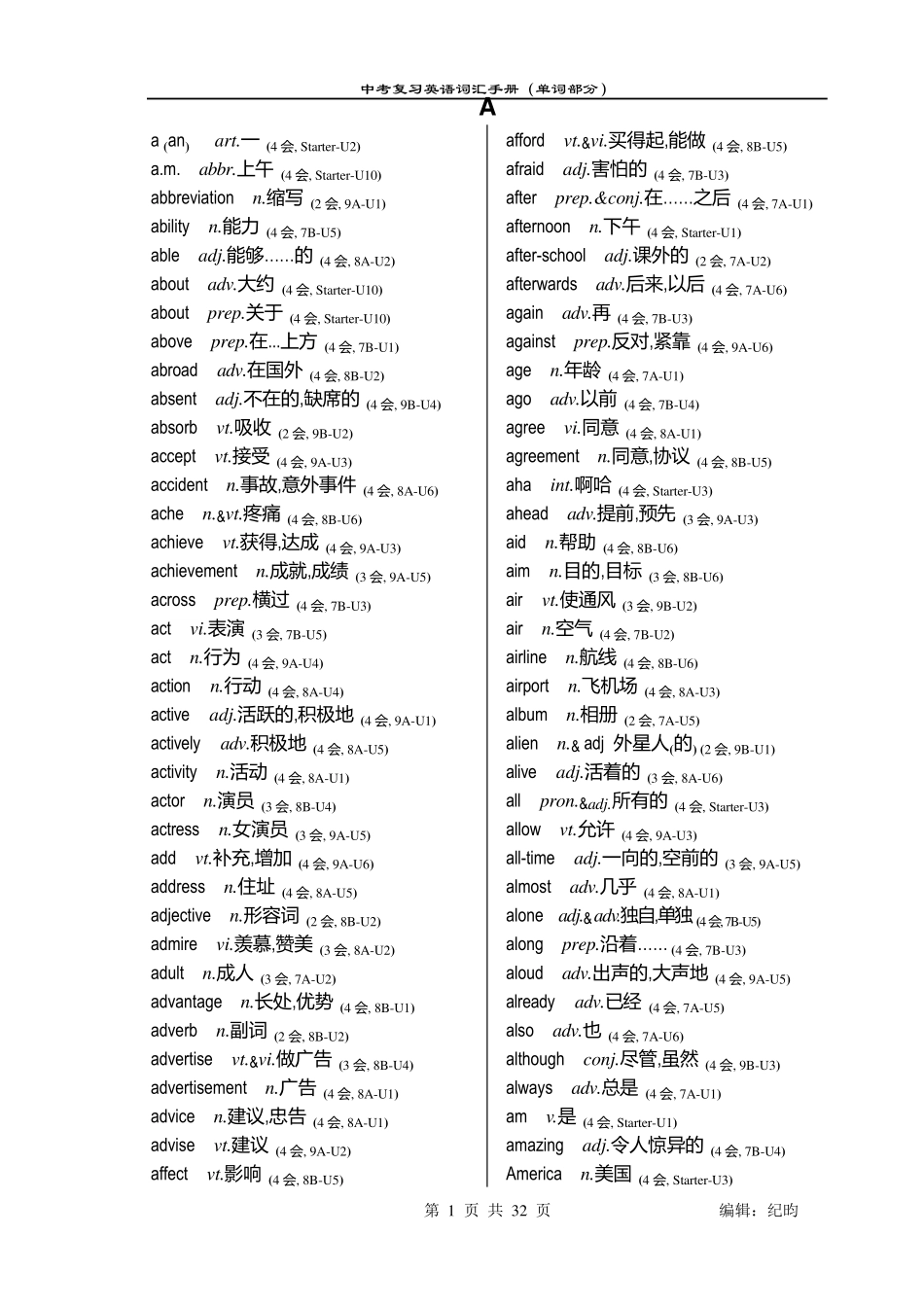 牛津英语中考词汇手册(单词部分)—译林版适用_第1页