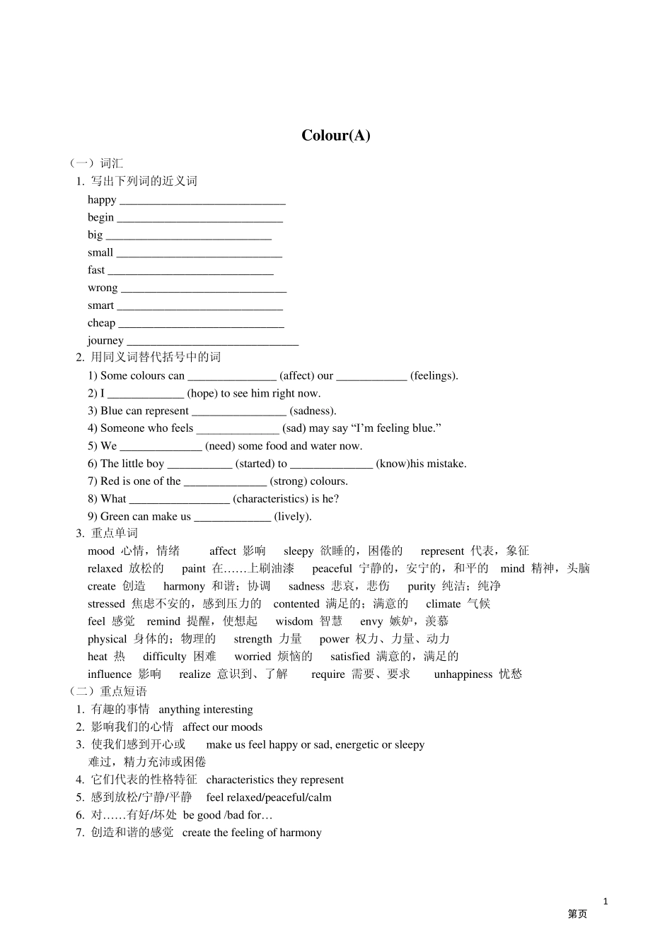 牛津译林版初中英语9AUnit2Colour知识点及相关习题(A)_第1页