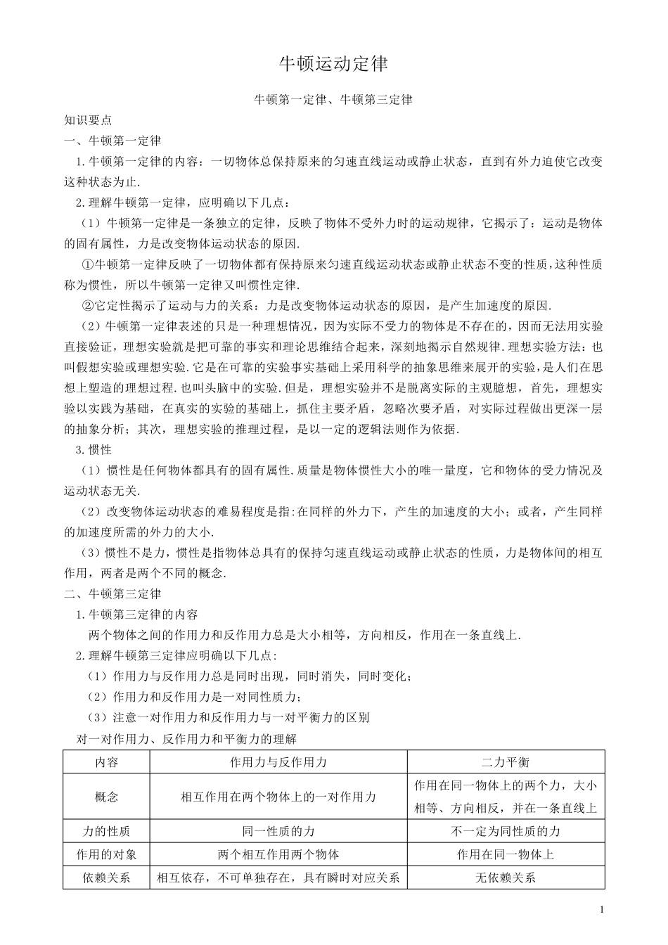 牛顿三大定律知识点与例题_第1页