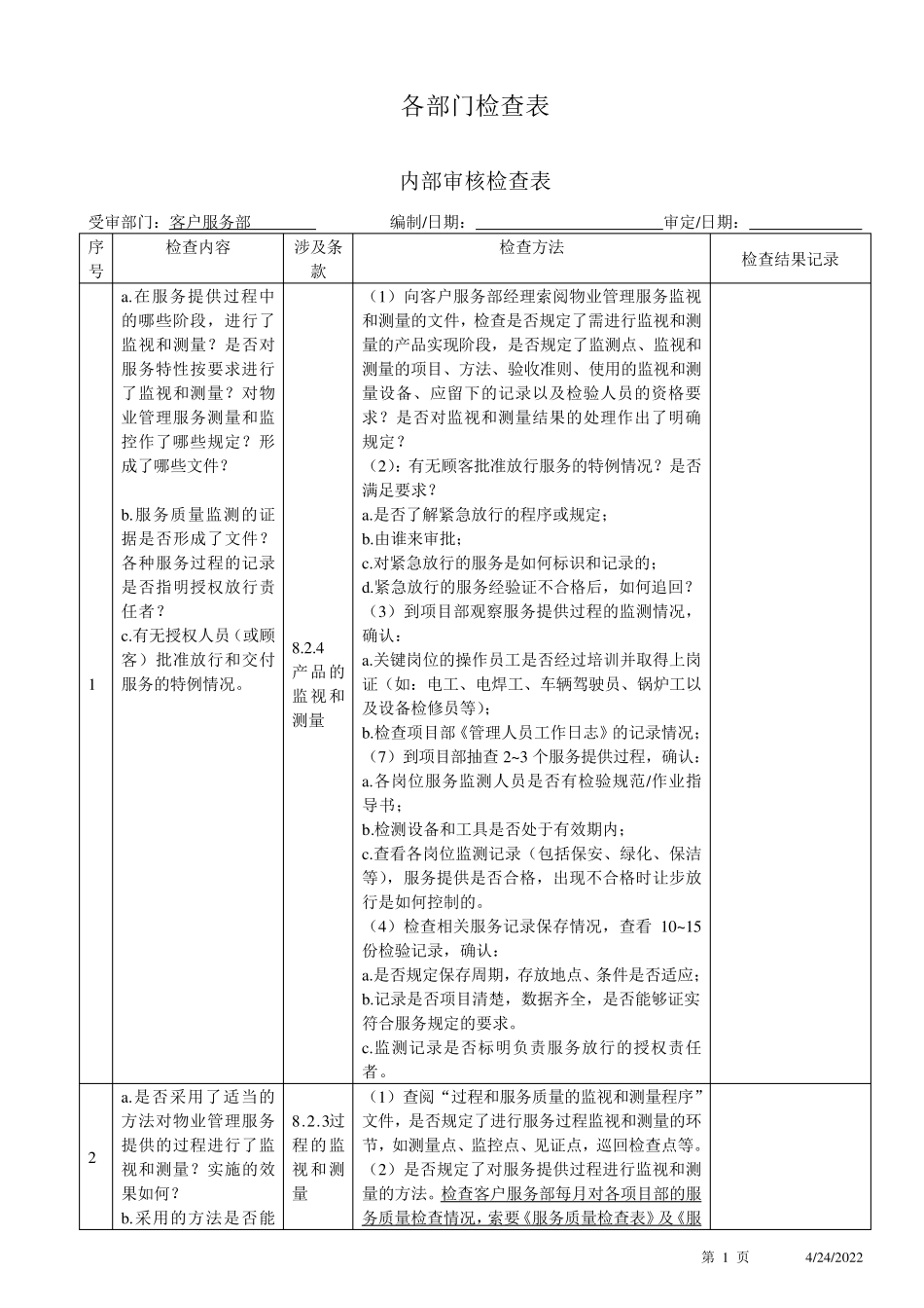 物业内审检查表_第1页
