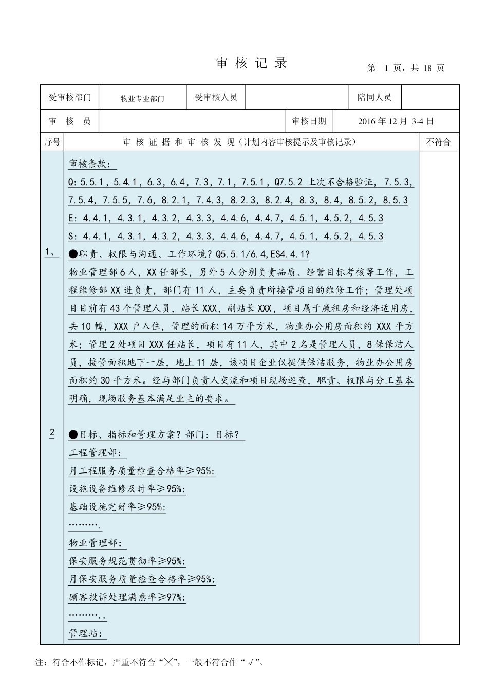 物业管理公司ISO三体系专业审核记录_第1页
