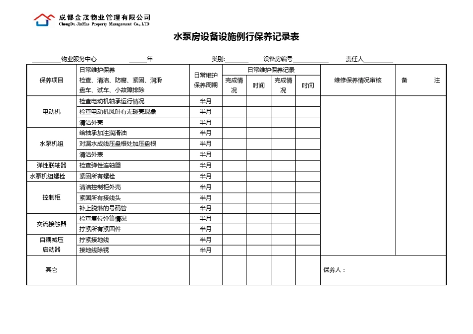 物业管理公司水泵房设备设施例行保养记录表_第1页