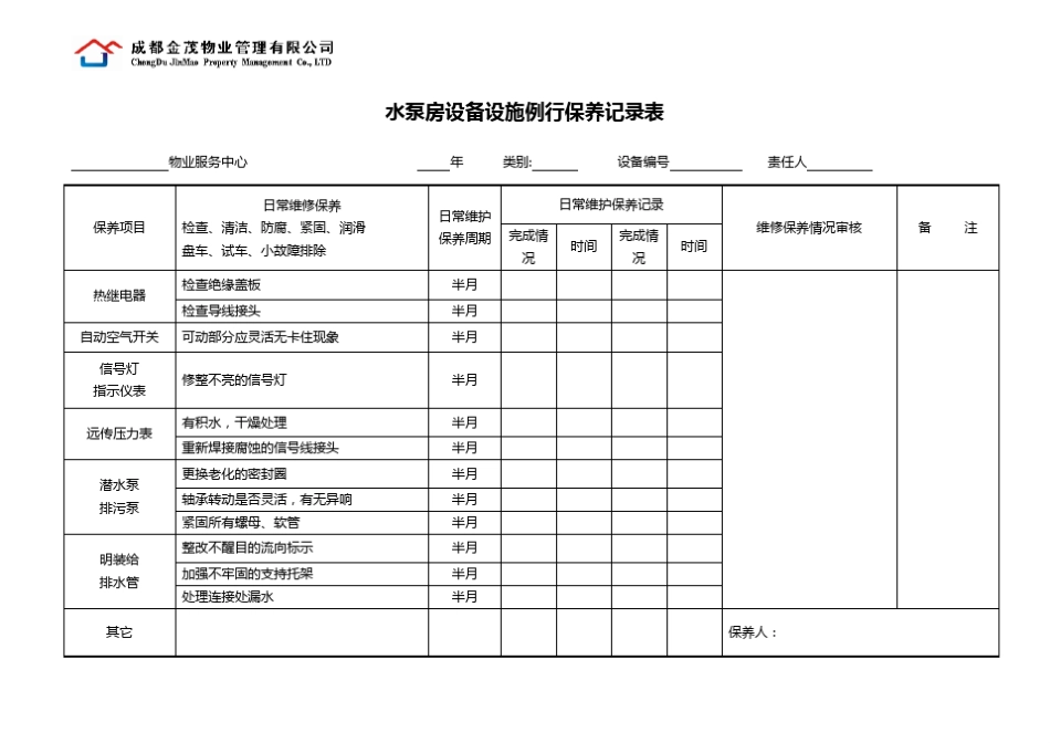 物业管理公司水泵房设备设施例行保养记录表_第3页