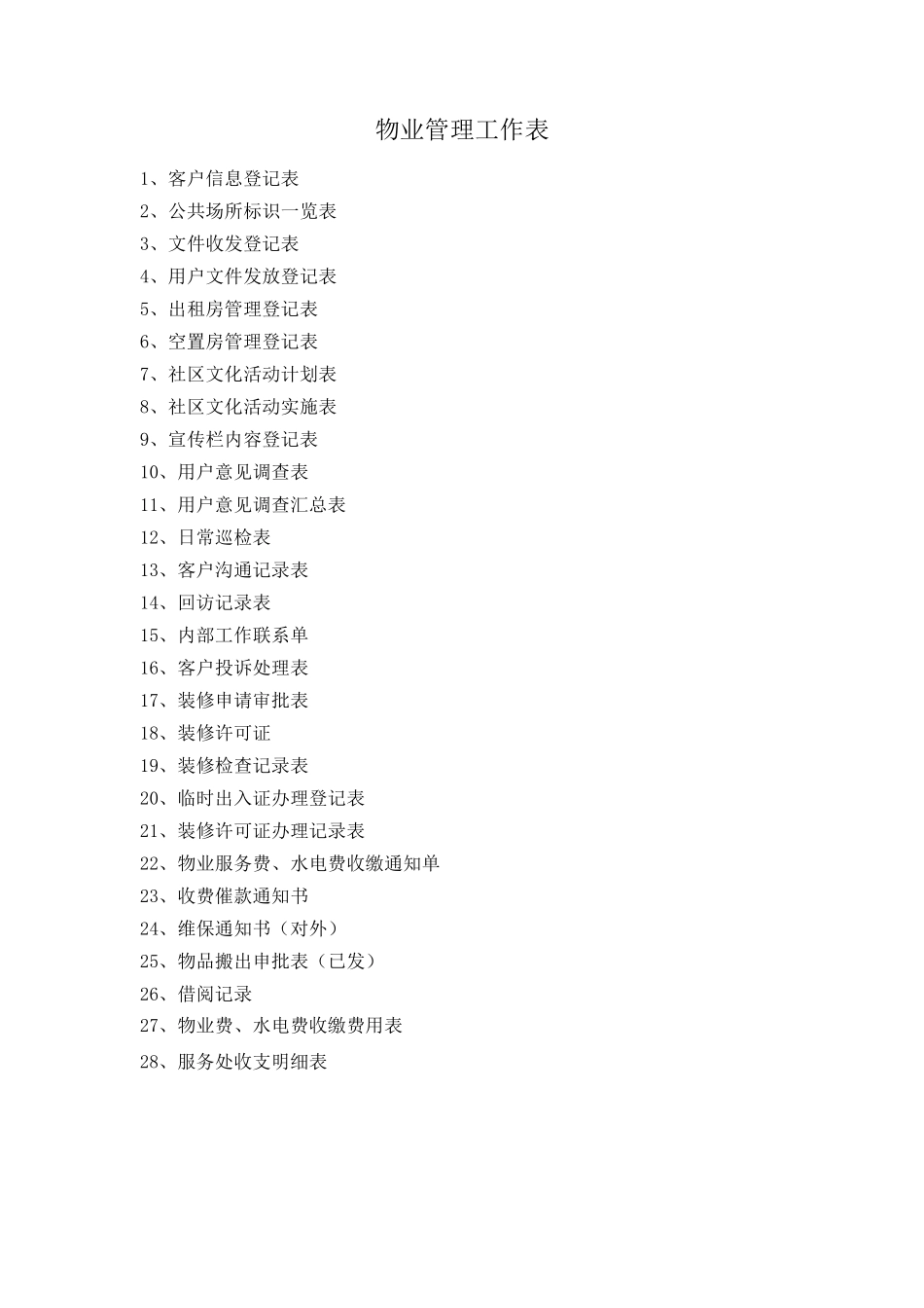 物业管理服务工作表格汇总_第1页