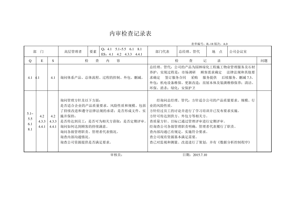 物业管理行业质量环境职业健康安全ISO三体系内审记录_第1页