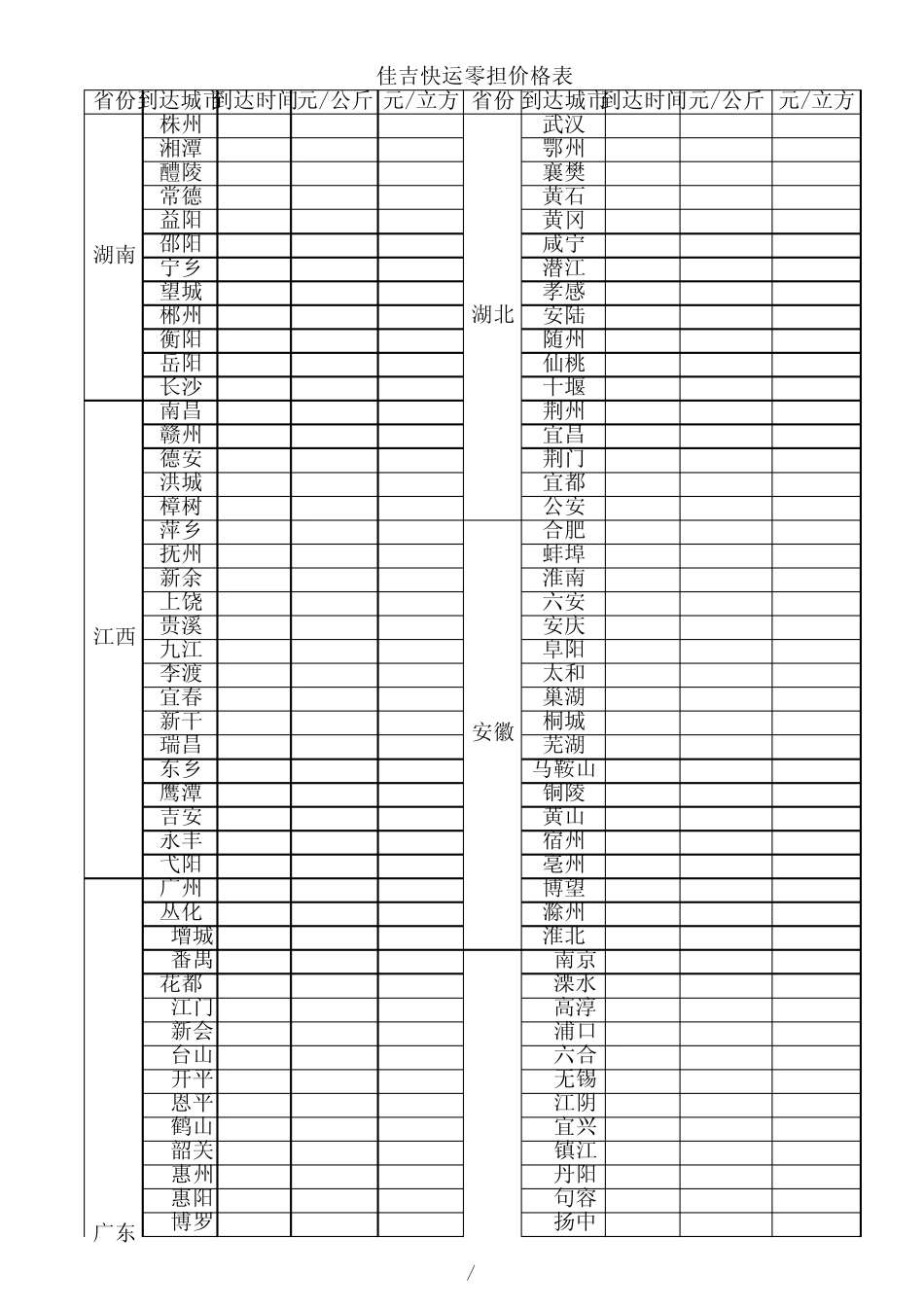物流运输运价格表_第1页