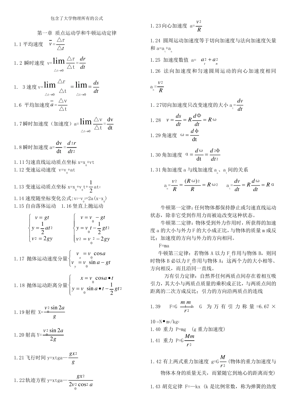物理公式大全_包含了大学物理所有的公式_第1页