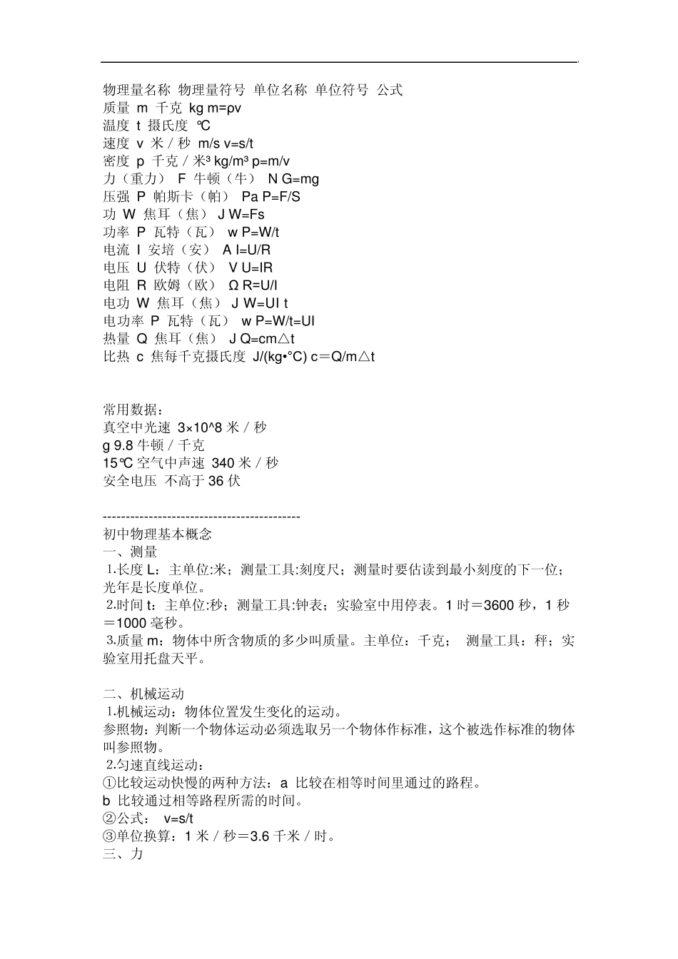 物理量名称物理量符号单位名称单位符号公式_第1页