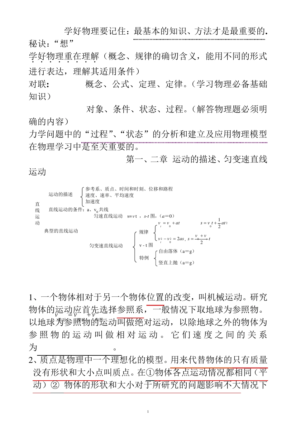 物理高一必修一基础知识填空及答案_第1页