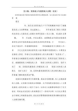 王小鲁：灰色收入与国民收入分配