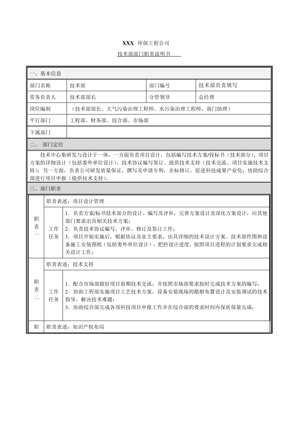 环保工程公司技术部部门岗位职责说明书_第1页
