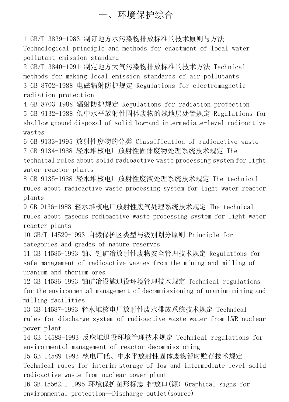 环境保护综合相关标准目录_第1页