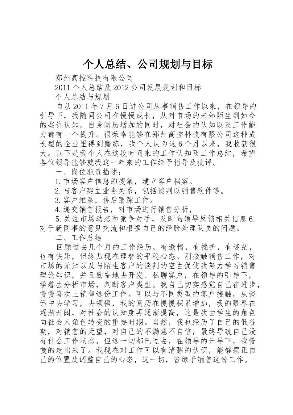 个人总结、公司规划与目标_第1页