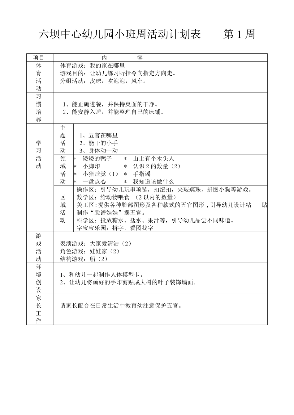 六坝中心幼儿园小班周计划活动表_第1页