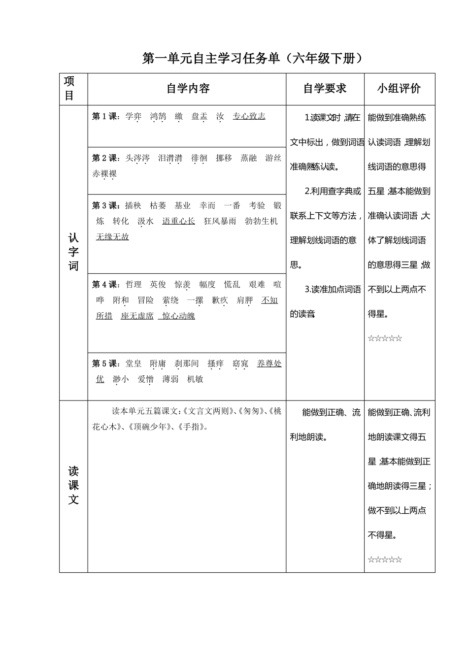 六年级下册语文学习任务卡_第1页
