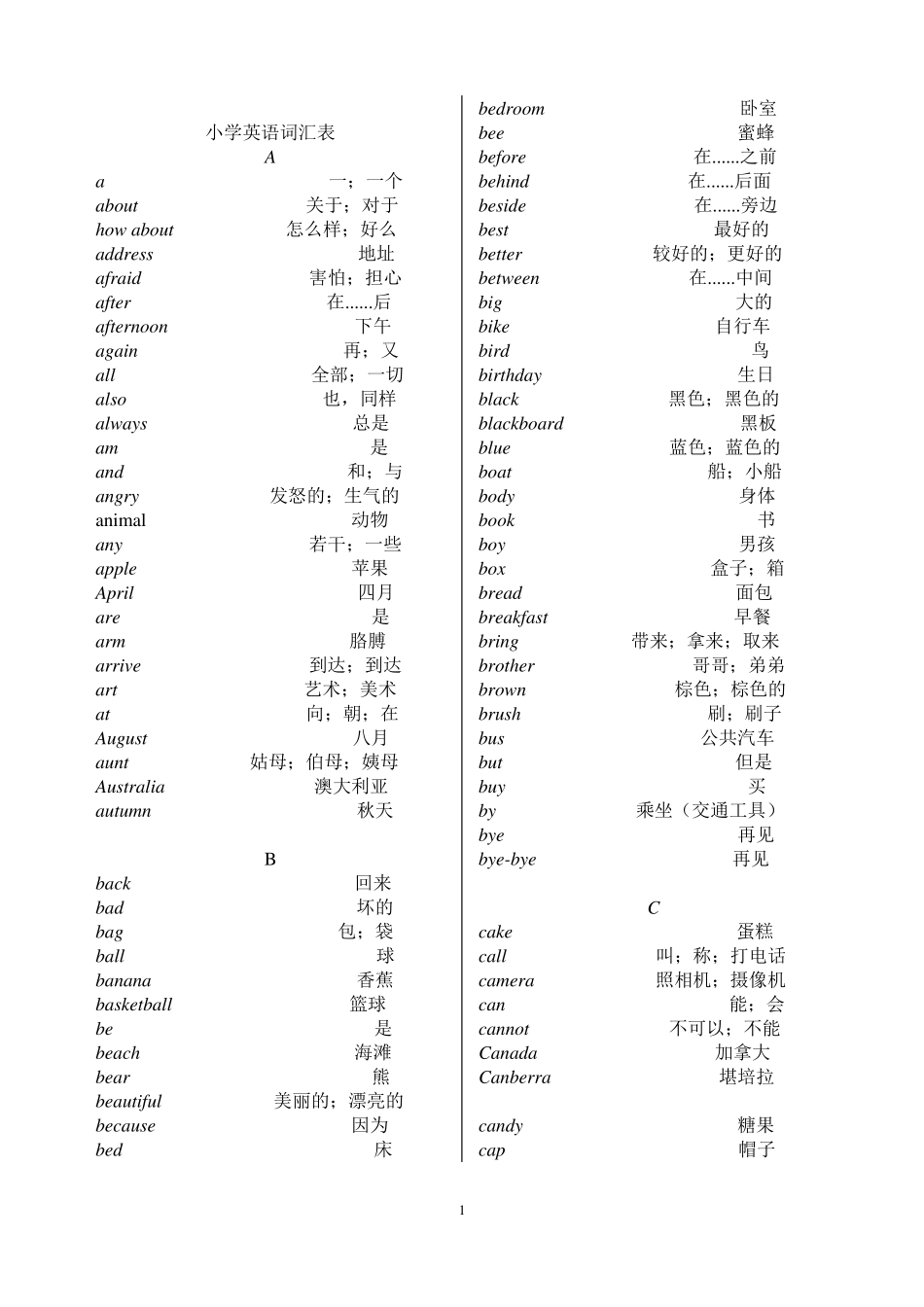 冀教版小学英语单词表按字母编排_第1页