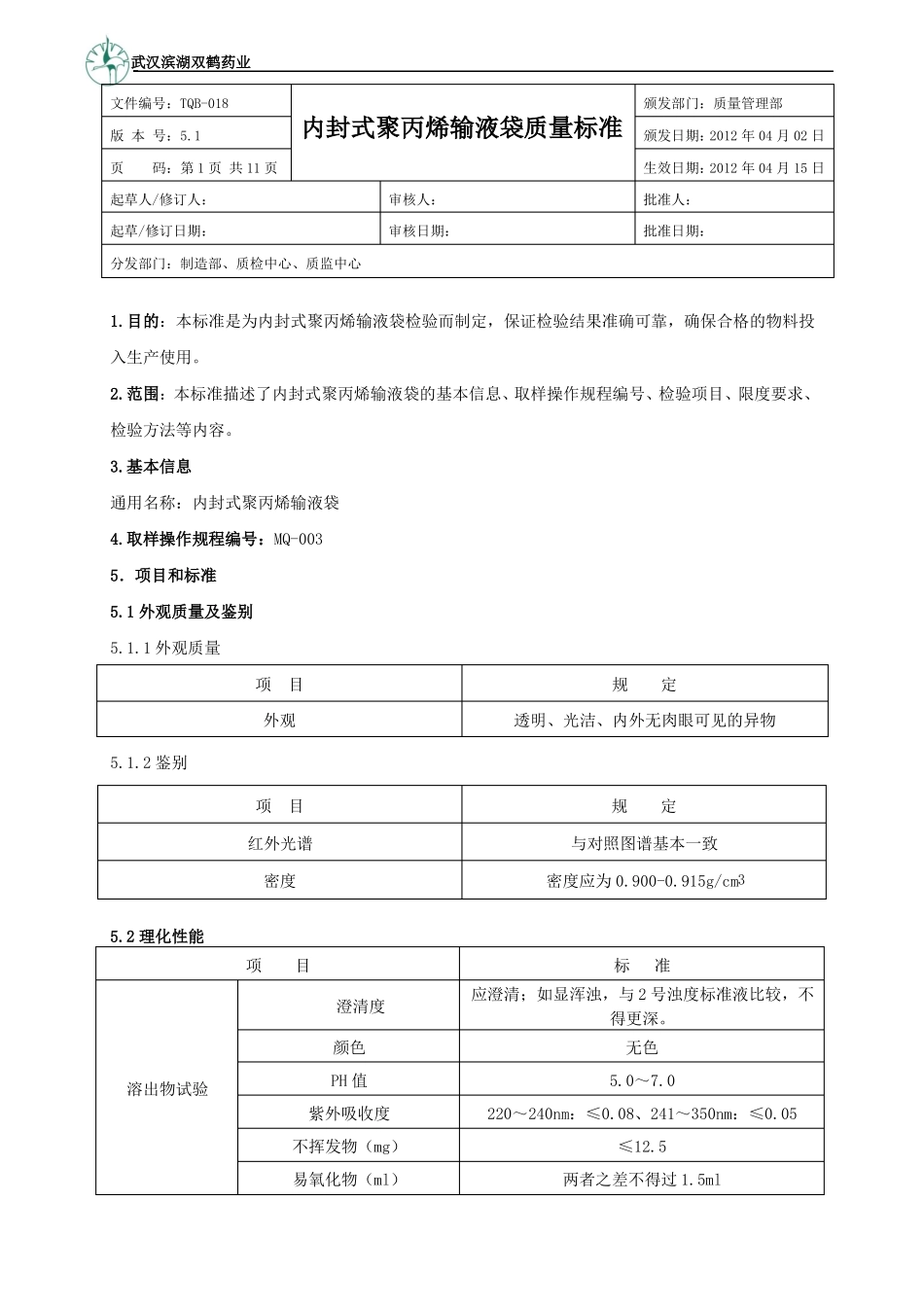 内封式聚丙烯输液袋质量标准BFS_第1页