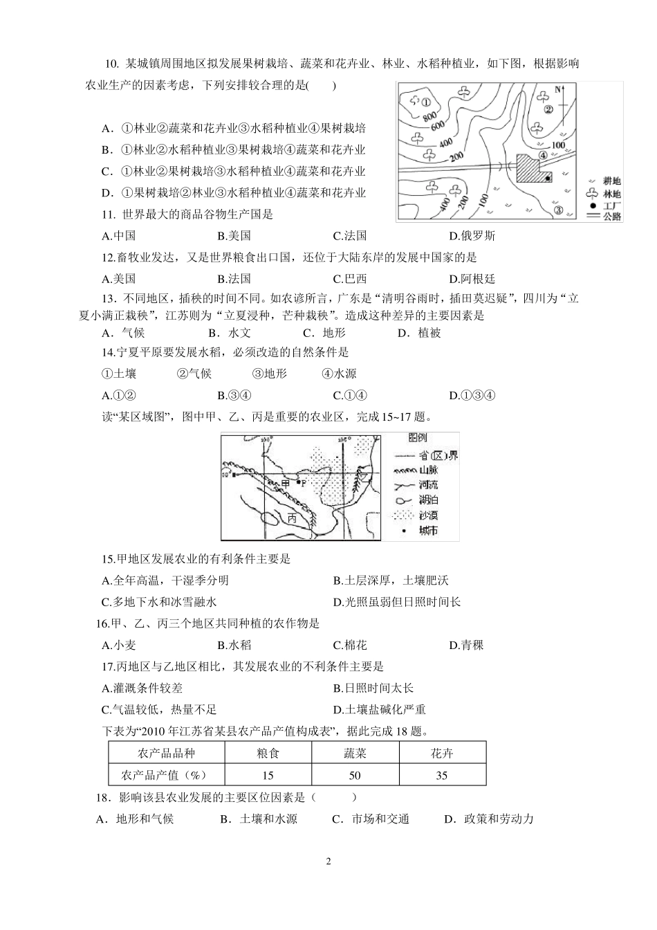 农业地域的形成和发展-单元测试卷答案版_第2页