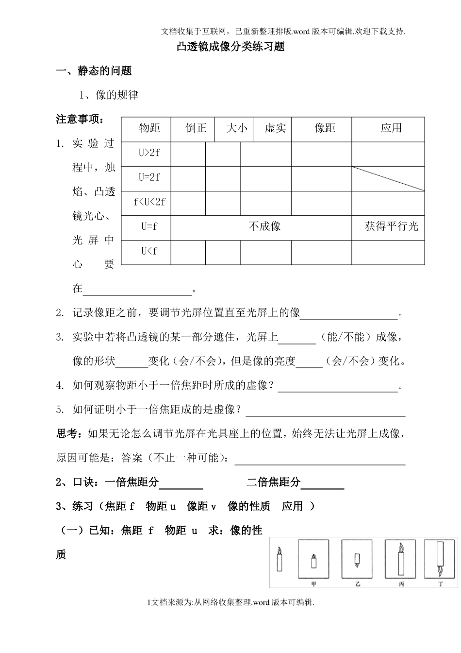 凸透镜成像规律分类习题_第1页