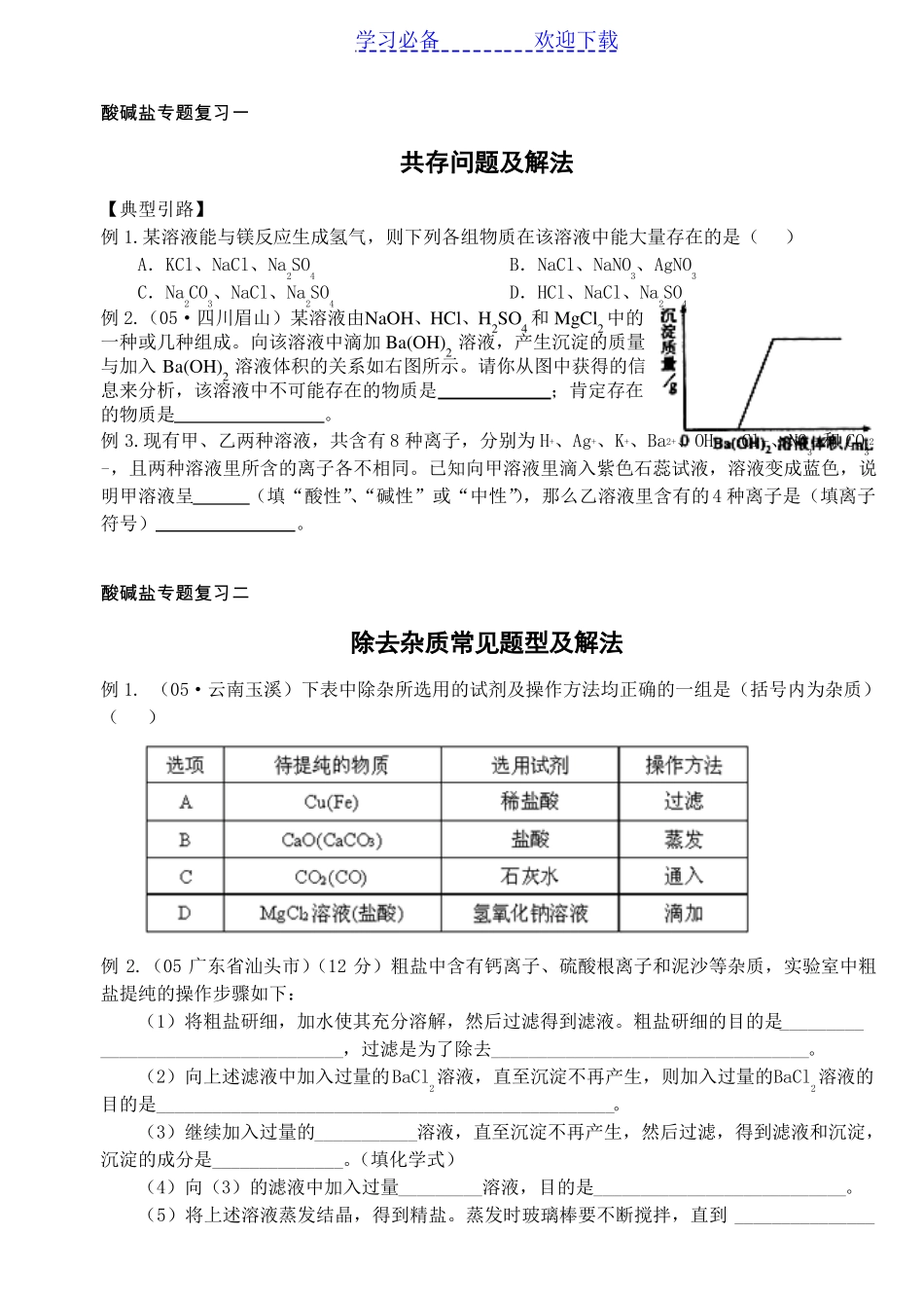 初三化学共存、除杂与相互转化问题及解法_第1页