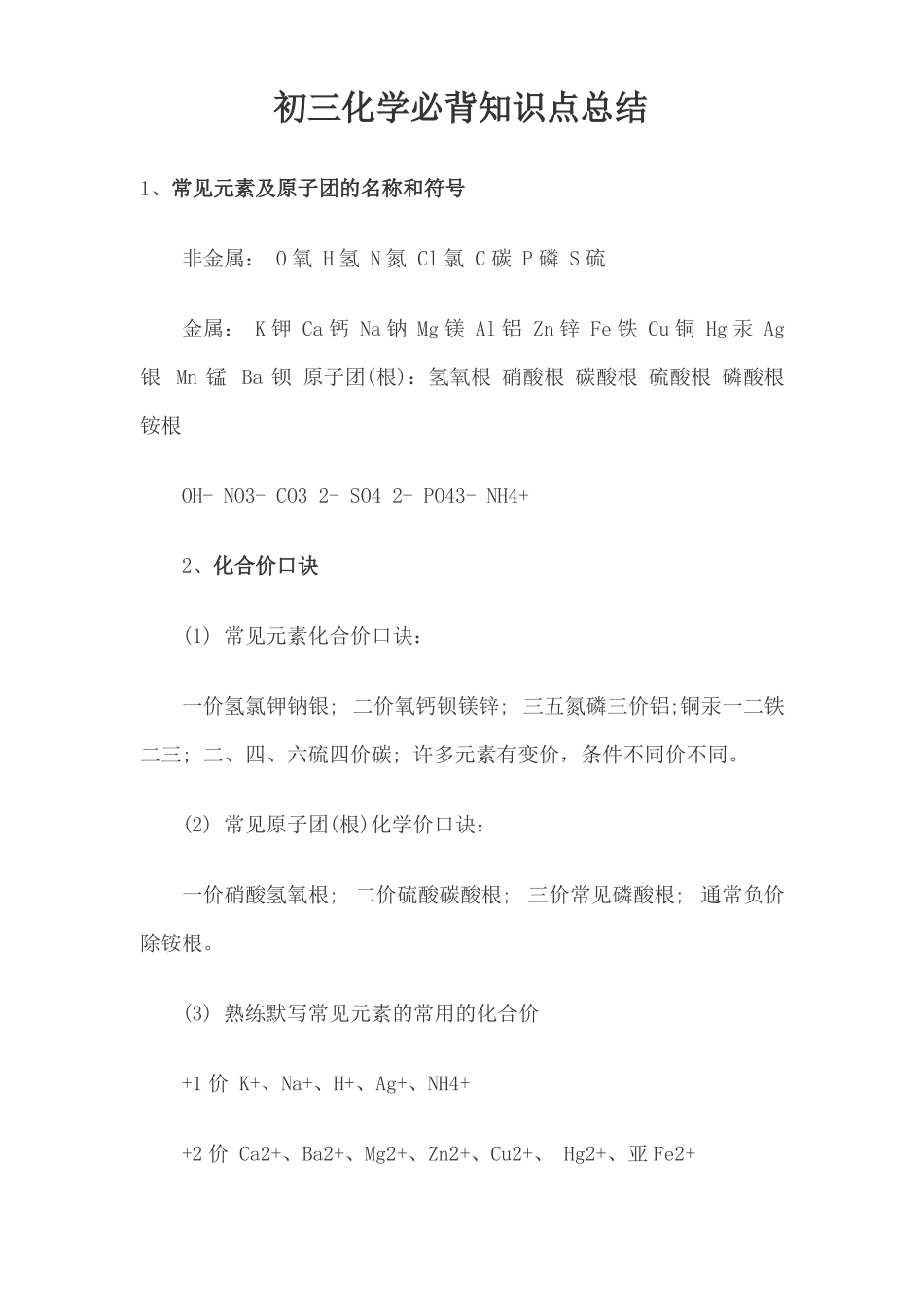 初三化学必背知识点总结_第1页