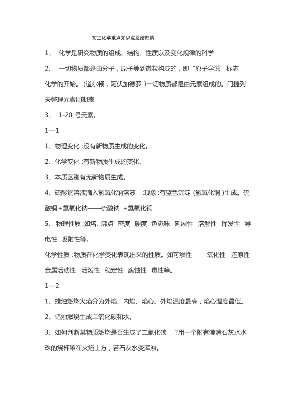 初三化学重点知识点总结归纳_第1页