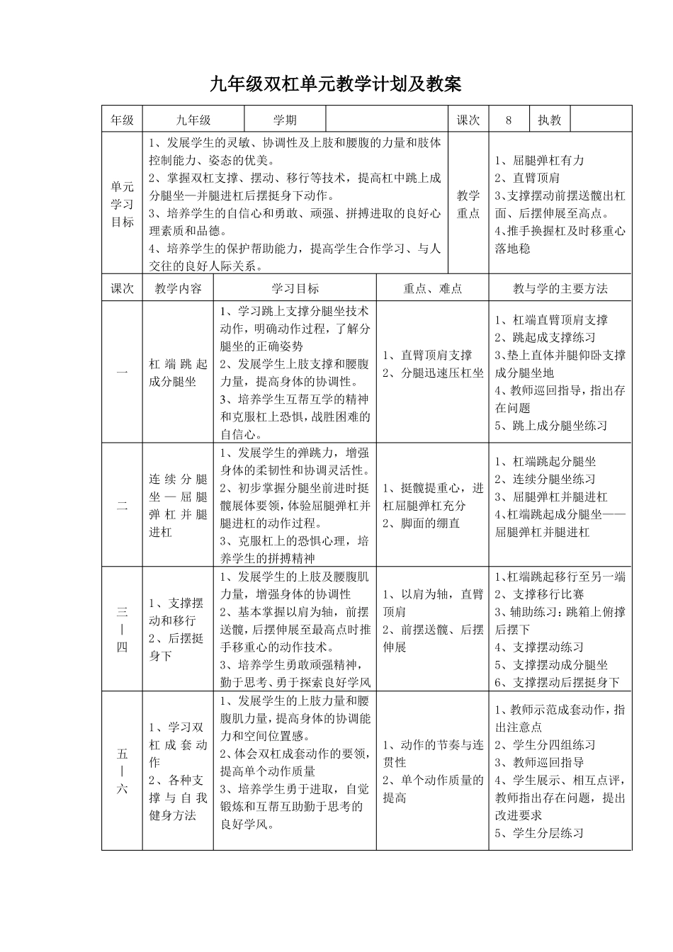 初三年级双杠单元教学计划及教案_第1页