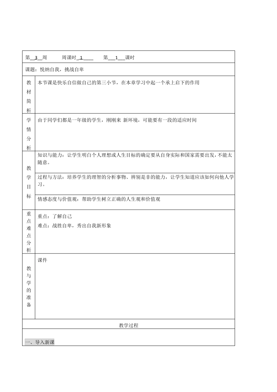 初中七年级学生心理健康教育悦纳自我,挑战自卑精品表格式教案_第1页