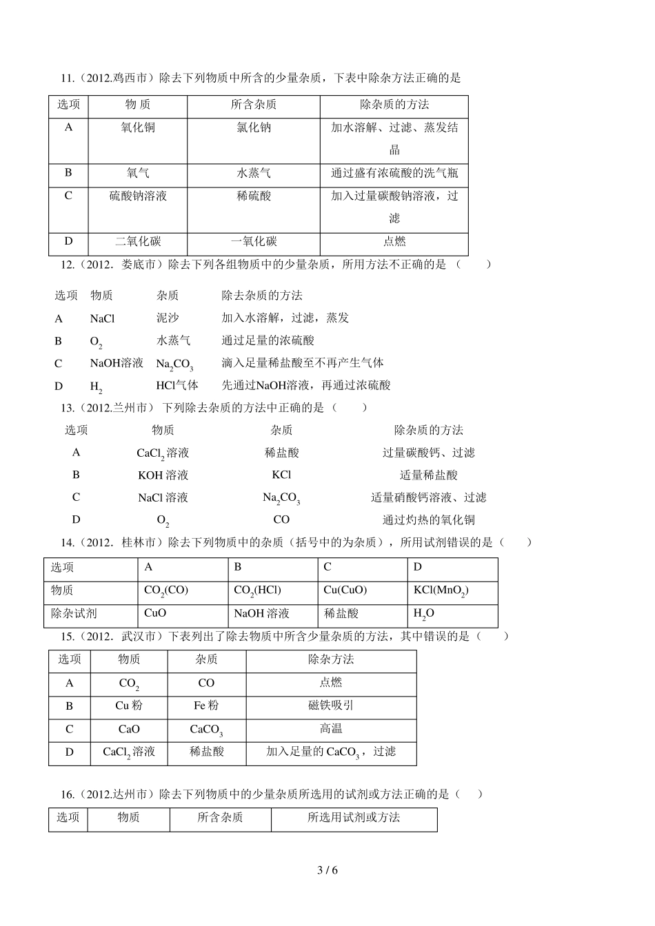初中化学、中考除杂专题练习含答案_第3页