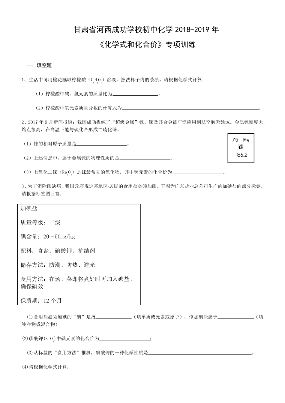 初中化学化学式和化合价专项训练_第1页