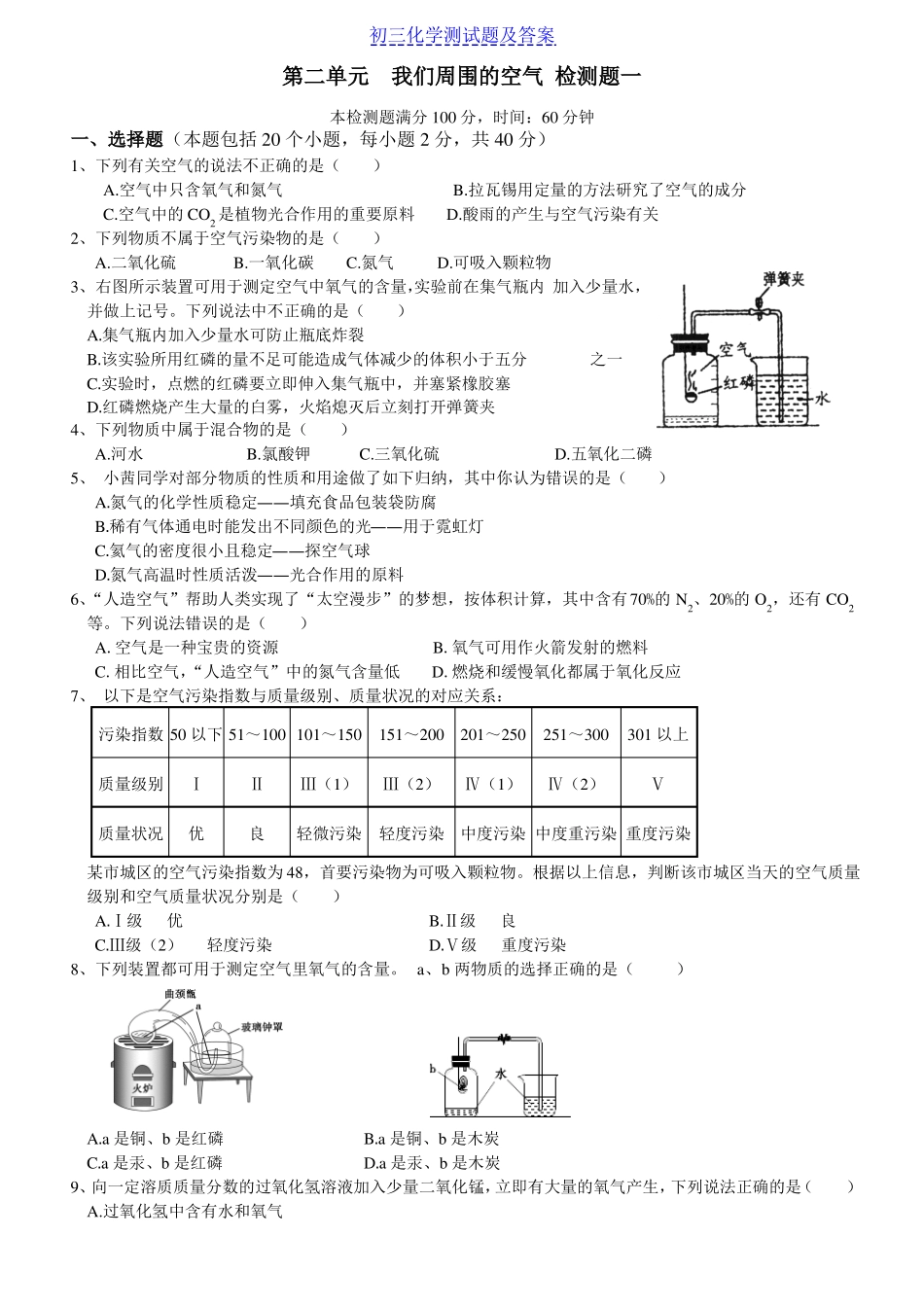 初中化学我们周围的空气测试练习题及答案_第1页