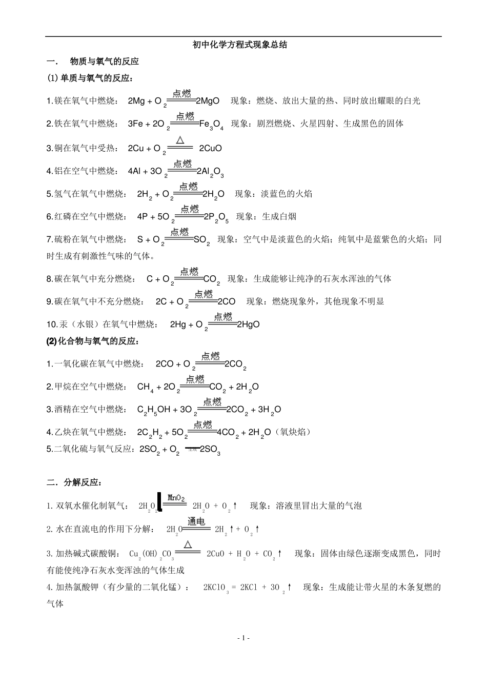 初中化学方程式大全现象总结_第1页