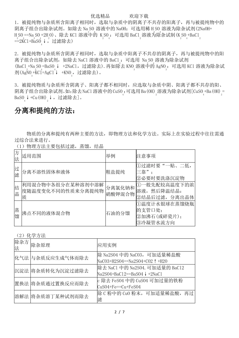 初中化学物质的除杂知识点总结含答案_第2页