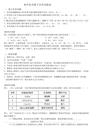 初中化学离子共存及除杂