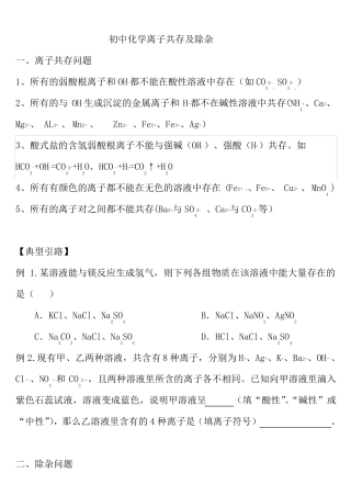 初中化学离子共存及除杂模板
