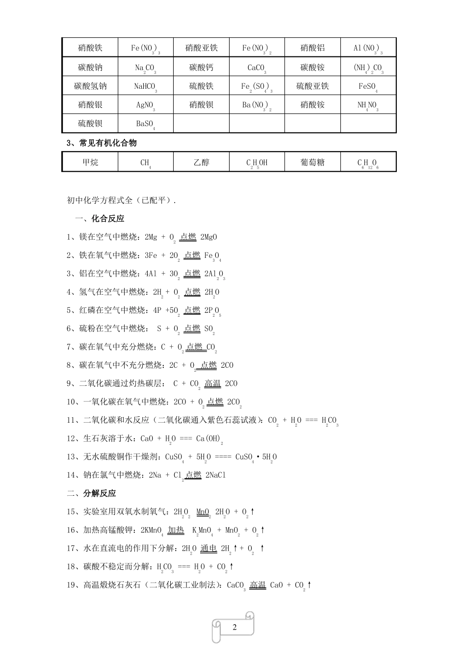初中常见化学式及化学方程式大全二_第2页