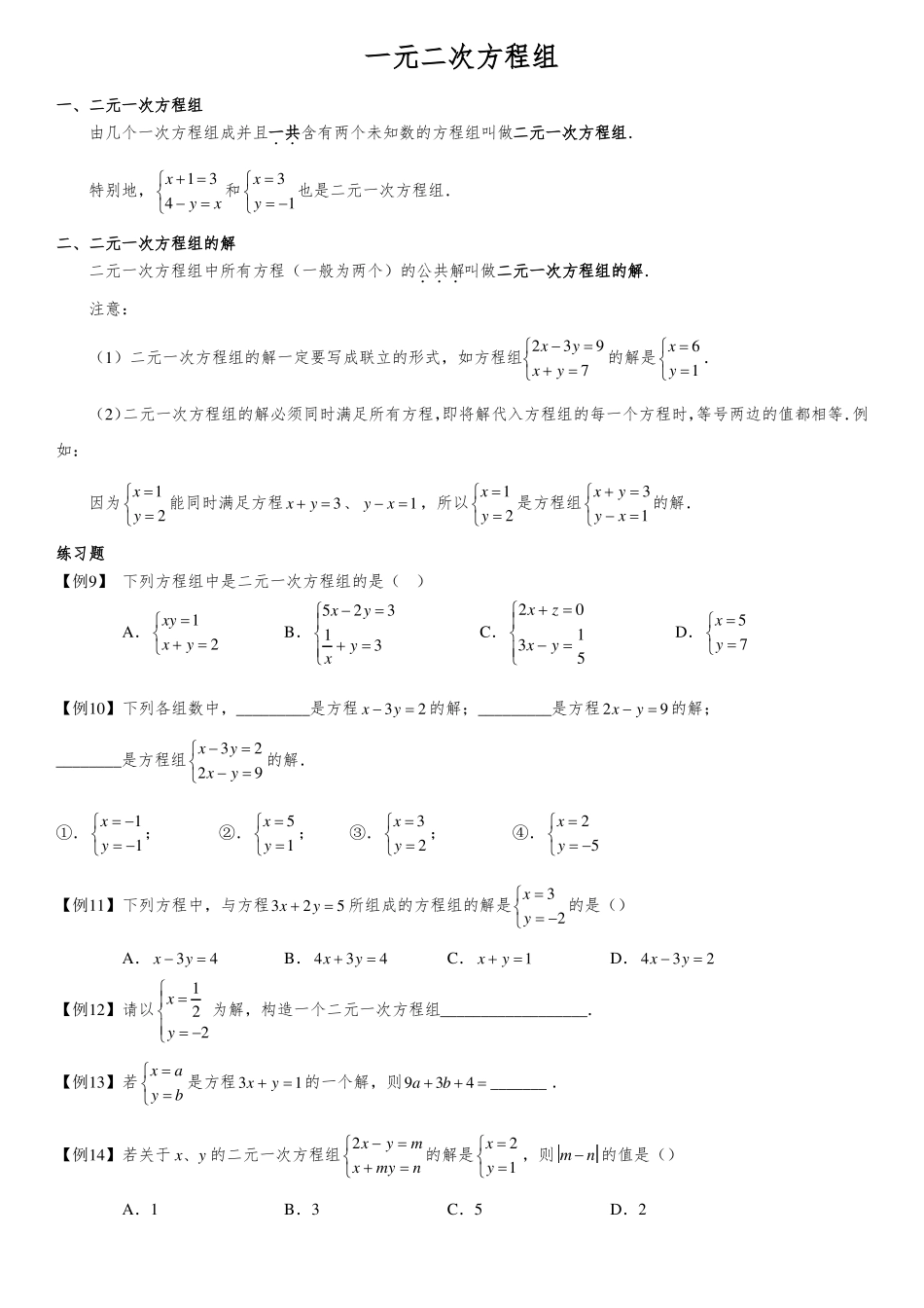 初中数学二元一次方程组知识点+习题_第2页