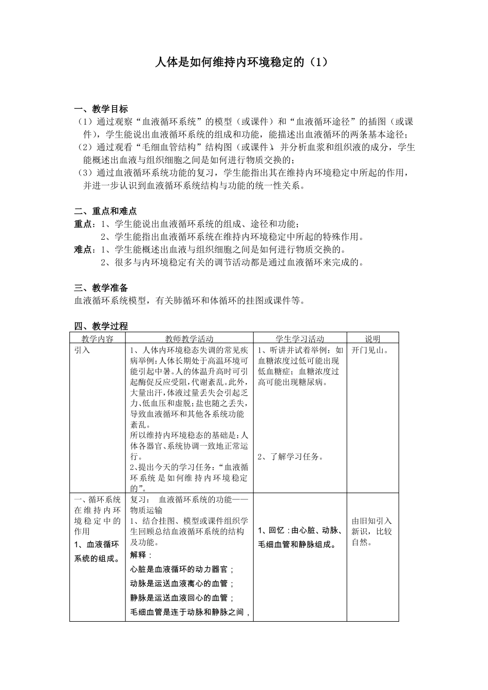 初中生物人体是如何维持内环境稳定的4课时教学设计_第1页