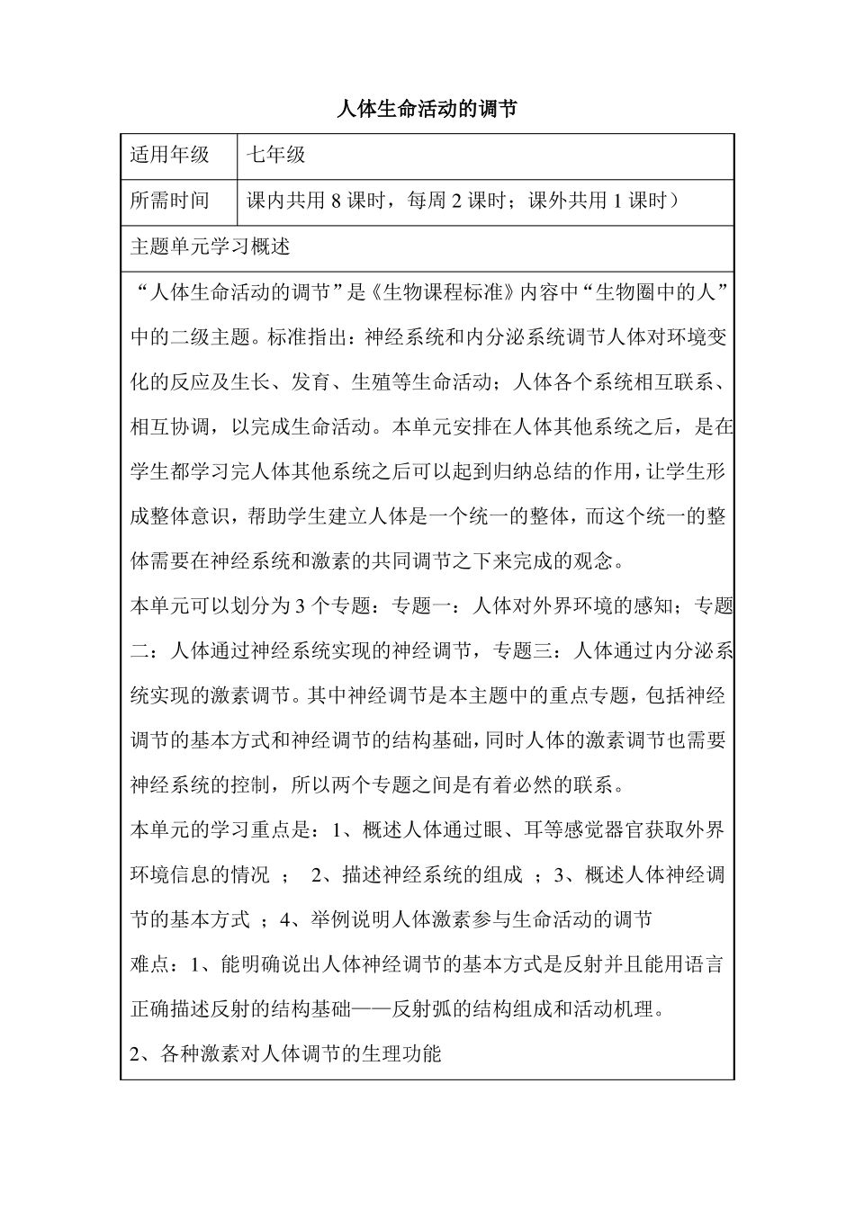 初中生物人体生命活动的调节单元教学设计以及思维导图_第1页