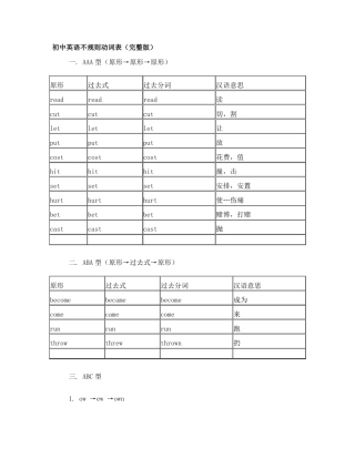 初中英语不规则动词表