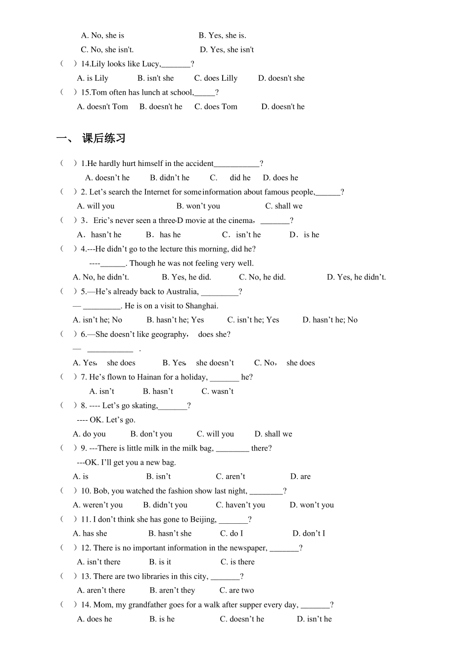初中英语反义疑问句讲解练习及答案_第3页