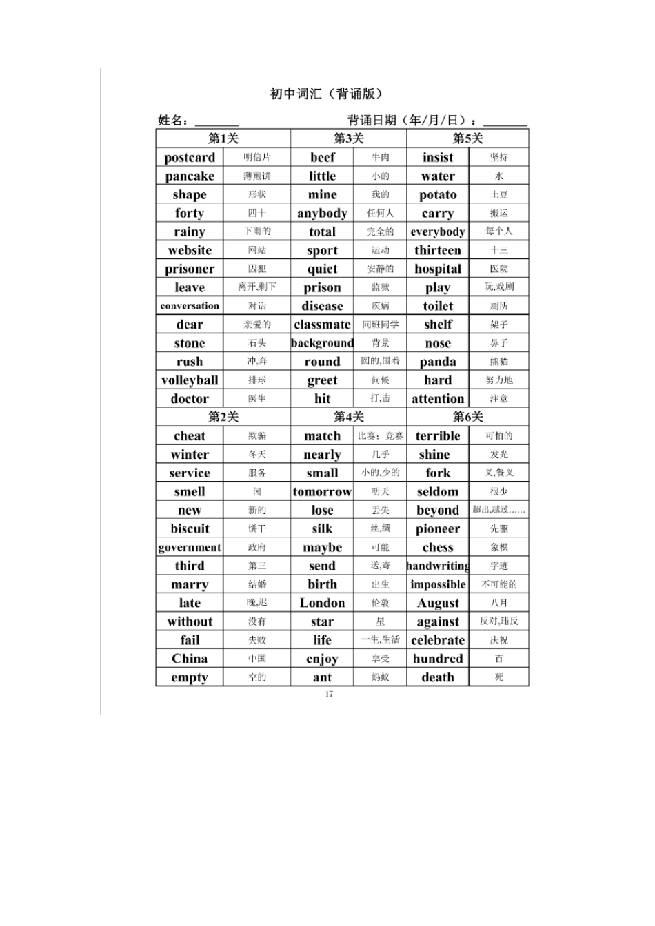 初中英语词汇背诵版+检测默写版_第1页