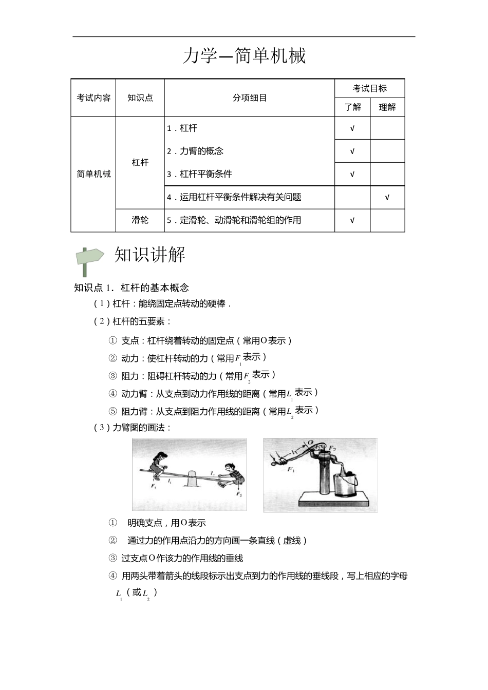 初二物理简单机械知识点及习题_第1页