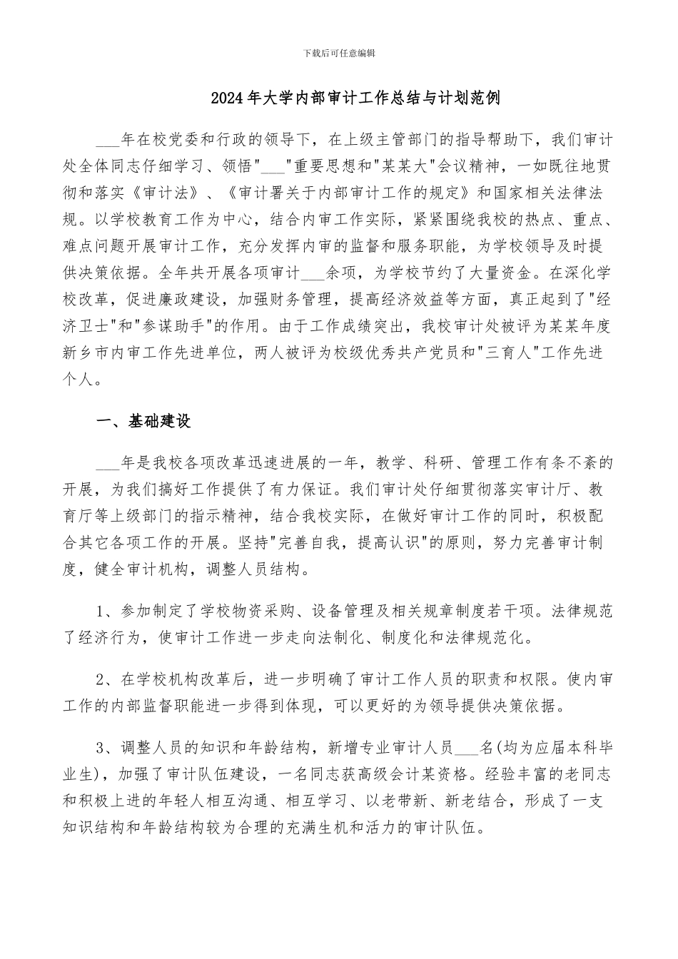 2024年大学内部审计工作总结与计划范例_第1页
