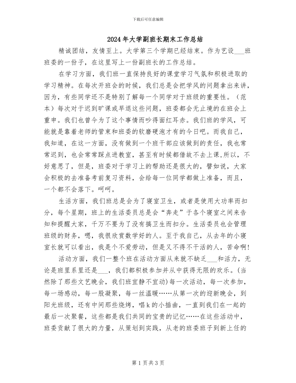 2024年大学副班长期末工作总结_第1页