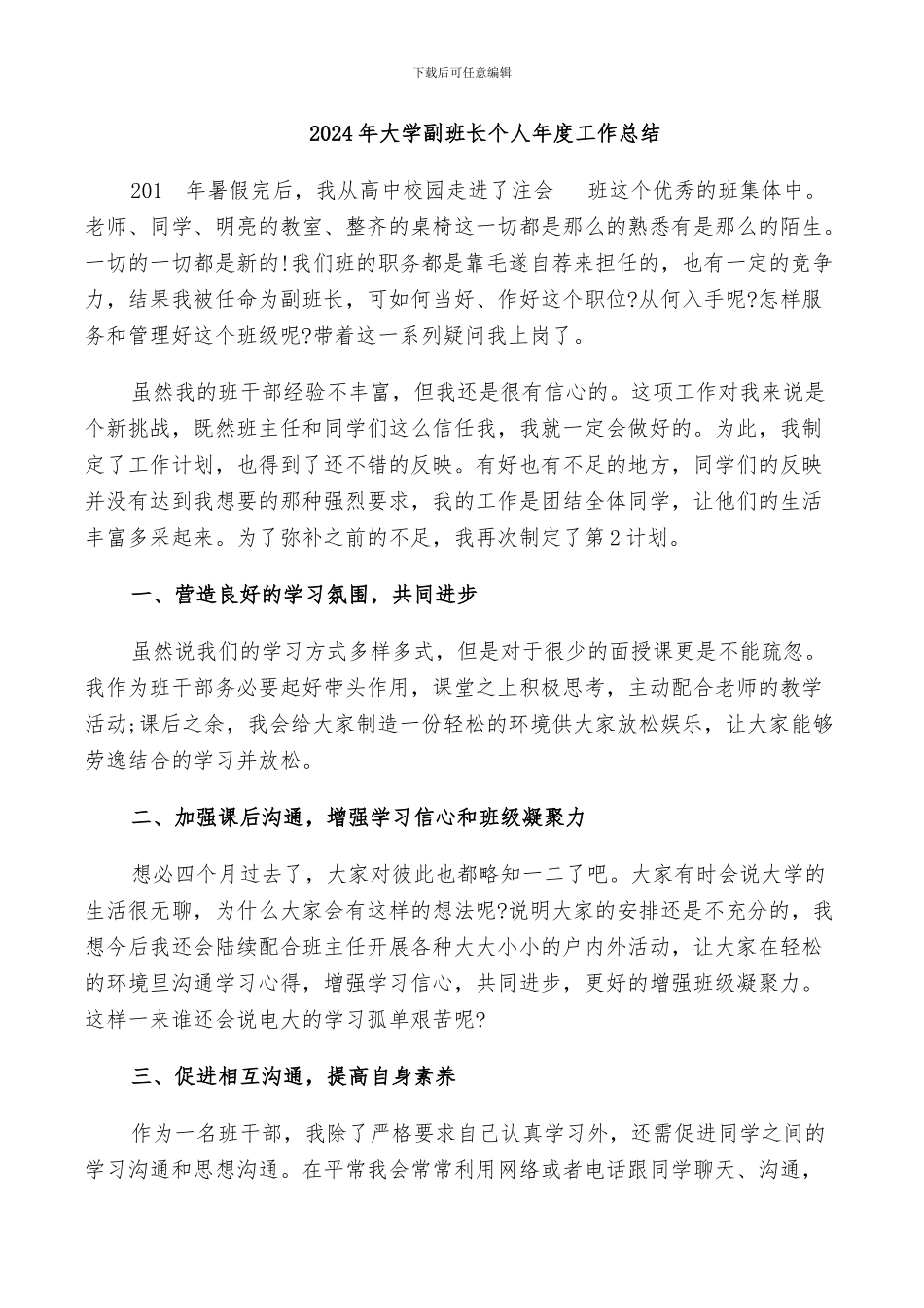 2024年大学副班长个人年度工作总结_第1页