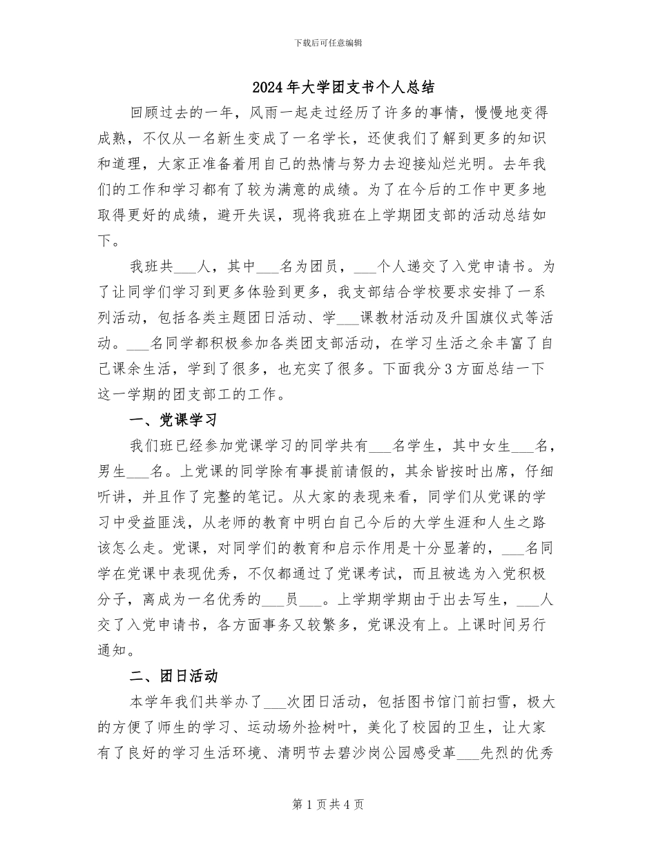2024年大学团支书个人总结_第1页