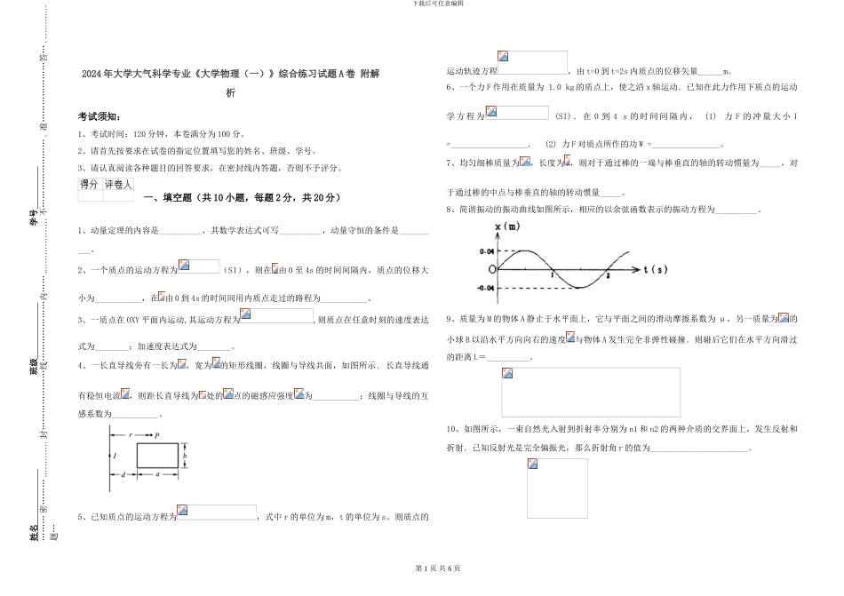 2024年大学大气科学专业《大学物理》综合练习试题A卷-附解析_第1页