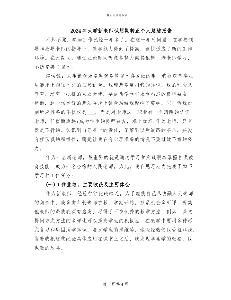 2024年大学新教师试用期转正个人总结报告_第1页