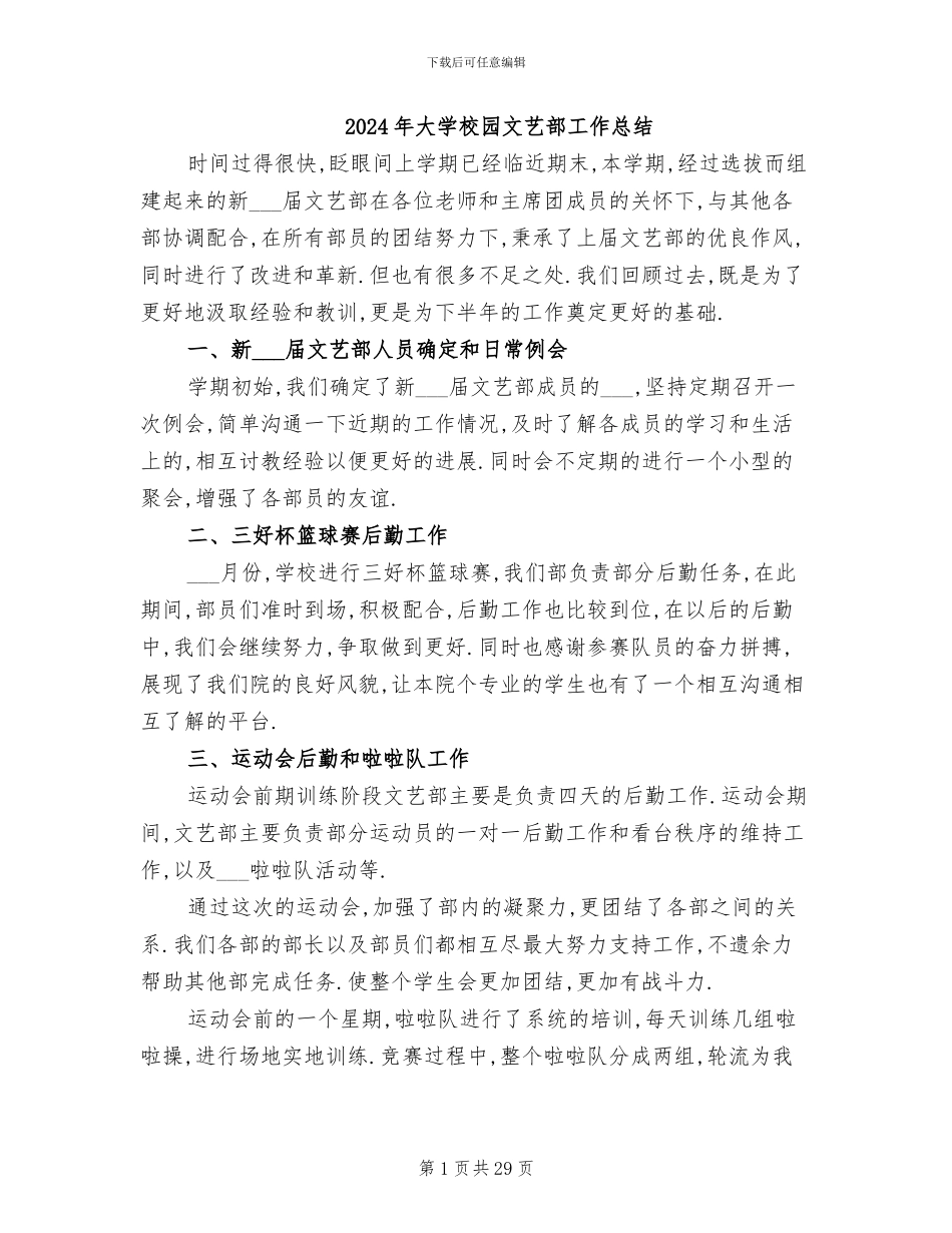 2024年大学校园文艺部工作总结_第1页
